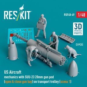 RESKIT RSF48-0049 US Aircraft mechanics with SUU-23 20mm gun pod  (open & close gun bay) on transport trolley (scene 1) (3 pcs) (3D Printed) (1/48)