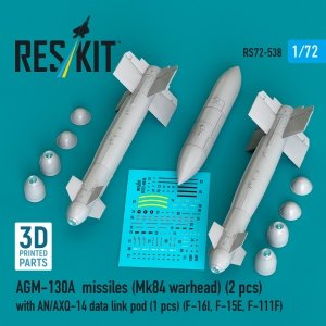 RESKIT RS72-0538 AGM-130A missiles (Mk84 warhead) (2 pcs) with AN/AXQ-14 data link pod (1 pcs) (3D Printed) 1/72