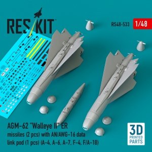 RESKIT RS48-0533 AGM-62 Walleye II ER missiles (2 pcs) with AN/AWG-16 data link pod (1 pcs) (A-4, A-6, A-7, F-4, F/A-18) (3D Printed) (1/48)