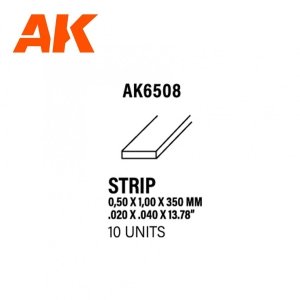 AK Interactive AK6508 STRIPS 0.50 X 1.00 X 350MM – STYRENE STRIP – (10 UNITS)