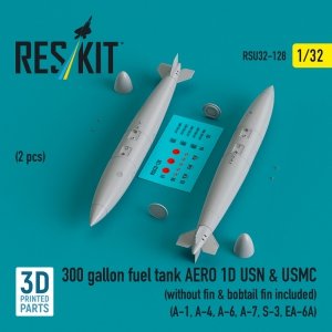 RESKIT RSU32-0128 300 gallon fuel tank AERO 1D USN & USMC (2 pcs) (without fin & bobtail fin included) (3D Printed) 1/32