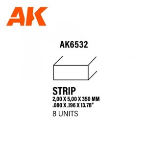 AK Interactive AK6532 STRIPS 2.00 X 5.00 X 350MM – STYRENE STRIP – (8 UNITS)