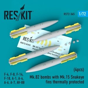 RESKIT RS72-0345 MK.82 BOMBS WITH MK.15 SNAKEYE FINS THERMALLY PROTECTED (4PCS) 1/72
