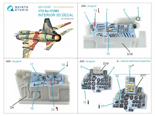 Quinta Studio QD+72167 Su-17UM3 3D-Printed &amp; coloured Interior on decal paper (Modelsvit) (with 3D-printed resin part) 1/72