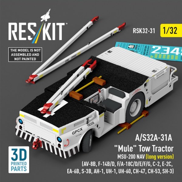 RESKIT RSK32-0031 A/S32A-31A "Mule" Tow Tractor MSU-200 NAV (long version) (AV-8B, F-14B/D, F/A-18C/D/E/F/G, C-2, E-2С, EA-6B, S-3B, AH-1, UH-1, UH-60, CH-47, CH-53, SH-3) (3D Printed model kit) (1/32)