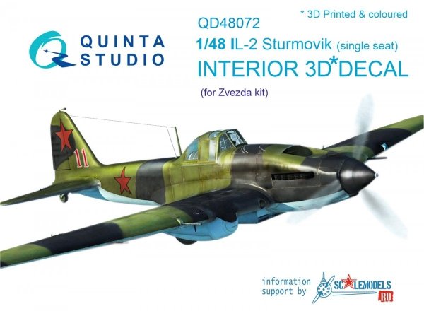 Quinta Studio QD48072 Il-2 Single seat 3D-Printed &amp; coloured Interior on decal paper (for kit) 1/48