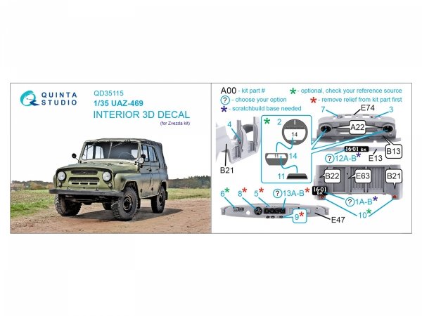 Quinta Studio QD35115 UAZ-469 3D-Printed &amp; coloured Interior on decal paper (Zvezda) 1/35