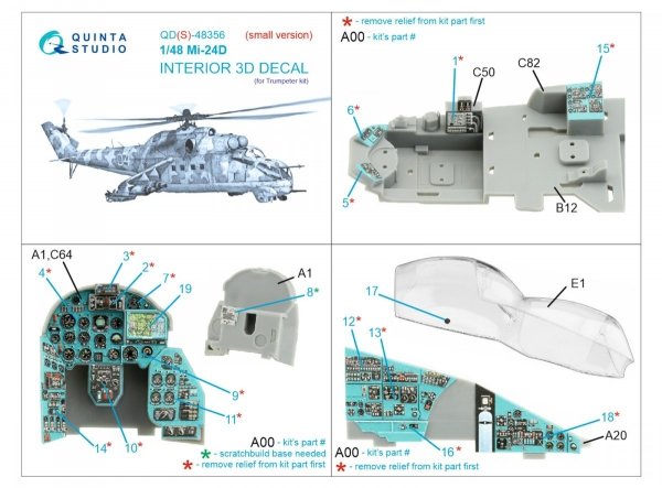 Quinta Studio QDS-48356 Mi-24D 3D-Printed &amp; coloured Interior on decal paper (Trumpeter) (Small version) 1/48