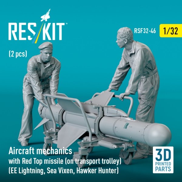 RESKIT RSF32-0046 Aircraft mechanics with Red Top missile (on transport trolley) (EE Lightning, Sea Vixen, Hawker Hunter) (2 pcs) (3D Printed) (1/32)