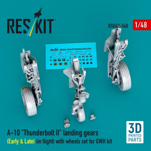 RESKIT RSU48-0540 A-10 "Thunderbolt II" landing gears (Early &amp; Late) (in flight) with wheels set for GWH kit (3D Printed) 1/48