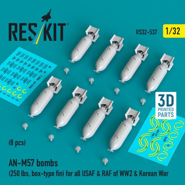 RESKIT RS32-0537 AN-M57 bombs (250 lbs, box-type fin) for all USAF &amp; RAF of WW2 &amp; Korean War (8 pcs) (3D Printed) 1/32