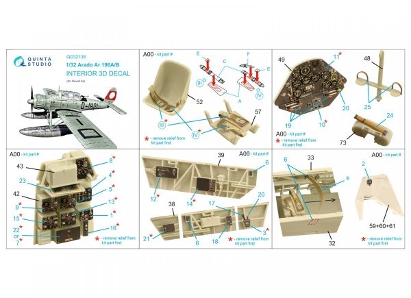 Quinta Studio QD32138 Ar 196A/B 3D-Printed &amp; coloured Interior on decal paper (Revell) 1/32