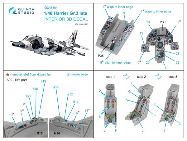 Quinta Studio QD48304 Harrier Gr.3 late 3D-Printed &amp; coloured Interior on decal paper (Kinetic) 1/48
