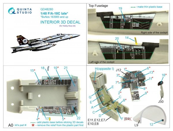Quinta Studio QD48280 F/A-18C late 3D-Printed &amp; coloured Interior on decal paper (HobbyBoss) 1/48
