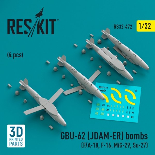 RESKIT RS32-0472 GBU-62 (JDAM-ER) bombs (4 pcs) (F/A-18, F-16, MiG-29, Su-27) (3D Printed) (1/32)