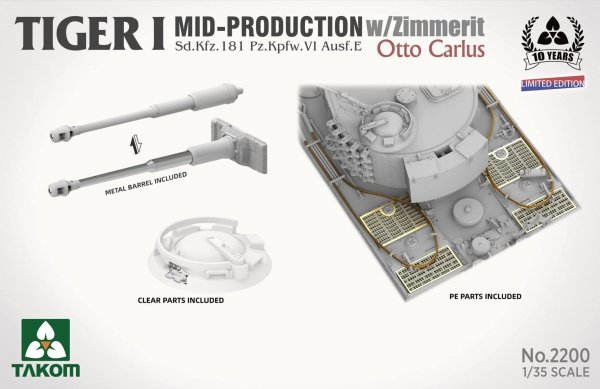 Takom 2200 Tiger I Mid Production w/zimmerit Sd.Kfz. 181 Pz.Kpfw. VI Ausf. E Otto Carius 1/35