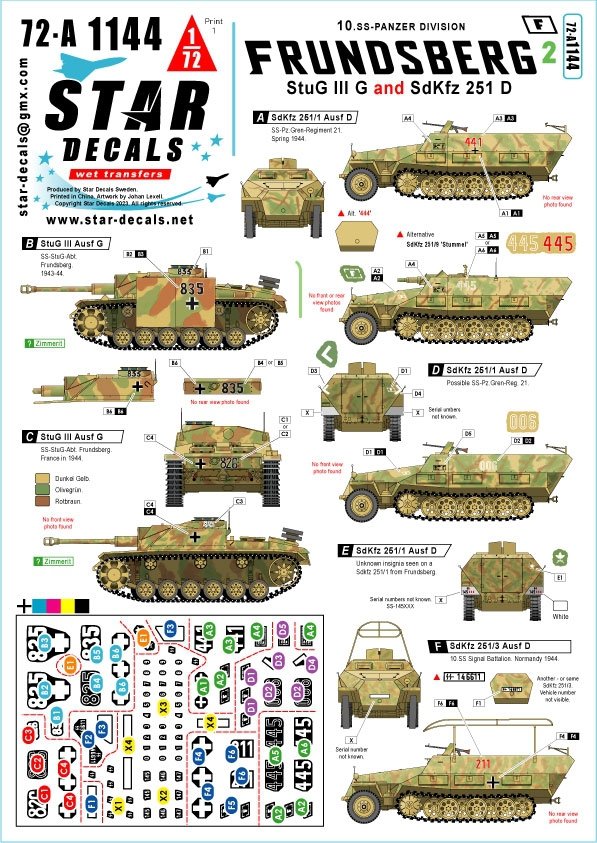 Star Decals 72-A1144 Frundsberg 2. 10. SS-Panzer Division. StuG III Ausf G and SdKfz 251/1 Ausf D, SdKfz 251/3 Ausf D, SdKfz 251/9 Ausf D 1/72