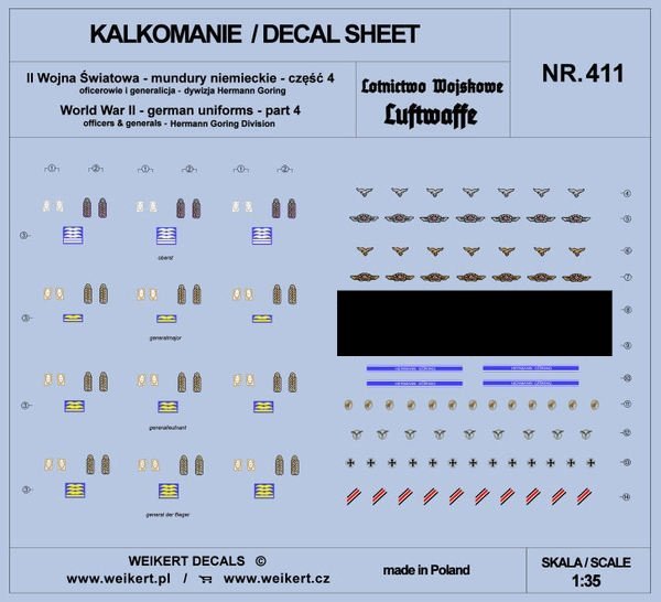 Weikert Decals DEC411 Mundury niemieckie - część 4 - luftwaffe - dywizja Hermann Goring 1/35