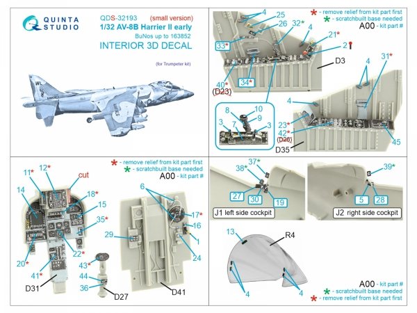 Quinta Studio QDS-32193 AV-8B Harrier II early 3D-Printed &amp; coloured Interior on decal paper (Trumpeter) (small) 1/32