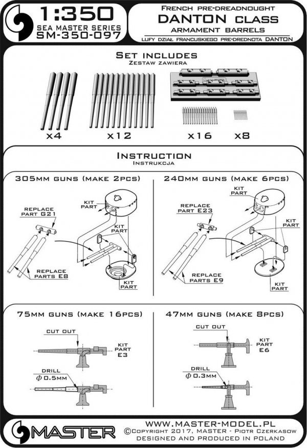 Master SM-350-097 Lufy dział francuskiego predrednota Danton - 305mm (4 szt.), 240mm (12 szt.), 75mm (16 szt.), 47mm (8 szt.) (1:350)