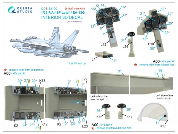 Quinta Studio QDS-32100 F/A-18F late / EA-18G 3D-Printed &amp; coloured Interior on decal paper (Trumpeter) (Small version) 1/32