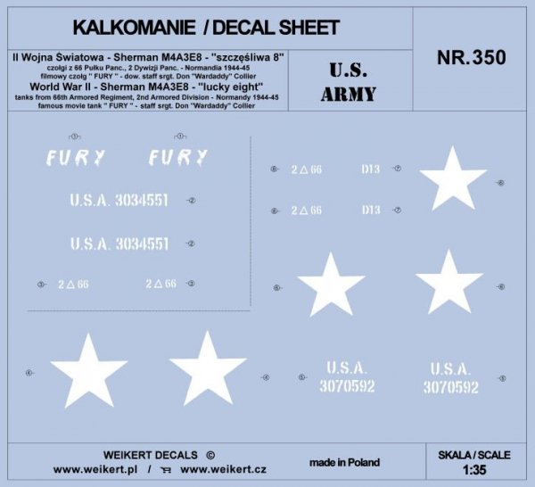 Weikert Decals DEC350 US ARMY - czołg Sherman M4A3E8, słynny filmowy czołg &quot;FURY&quot; 1/35
