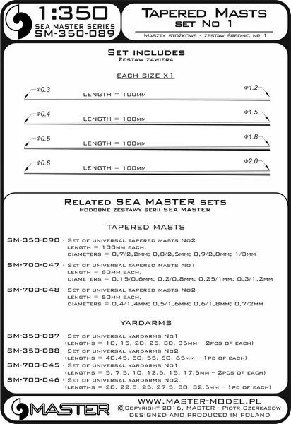 Master SM-350-089 Set of universal tapered masts No1 (length = 100mm each, diameters = 0,3/1,2mm; 0,4/1,5mm; 0,5/1,8mm; 0,6/2mm) 1:350