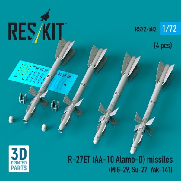 RESKIT RS72-0582 R-27ET (AA-10 Alamo-D) missiles (4 pcs) (MiG-29, Su-27, Yak-141) (3D Printed) (1/72)