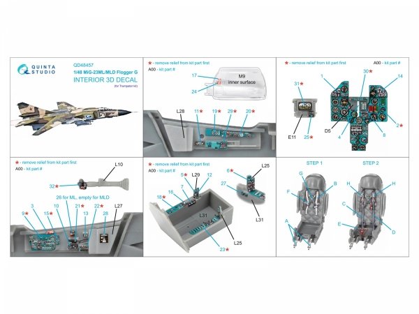 Quinta Studio QD48457 MiG-23ML/MiG-23MLD 3D-Printed &amp; coloured Interior on decal paper (Trumpeter) 1/48