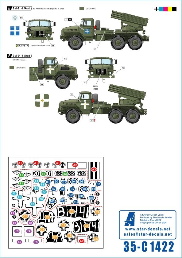 Star Decals 35-C1422 War in Ukraine 23 Ukrainian Big Guns and Rocket Artillery. 2S1 Gvostika, 2S9 Nona, 2S19 Msta-s, TOS-1 and BM-21 Grad 1/35