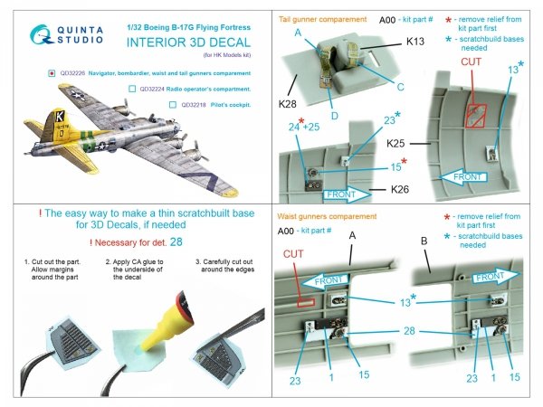 Quinta Studio QD32226 Boeing B-17G Navigator, bombardier, waist and tail gunners compartments. 3D-Printed coloured Interior (HK models) 1/32