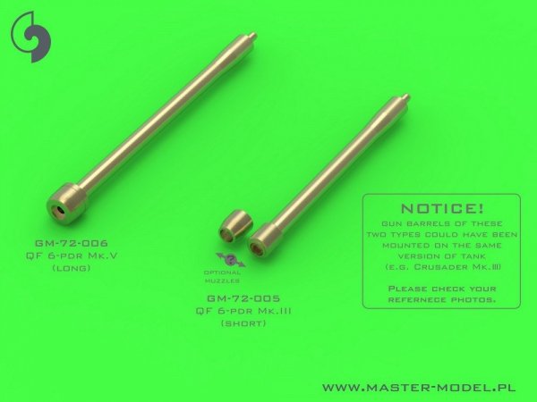 Master GM-72-006 British QF 6-pdr (57mm) - version Mk.V L/50 (long) + Besa MG tips - for Crusader Mk.III, Churchill Mk.III/IV, Valentine Mk.VIII/IX 1/72