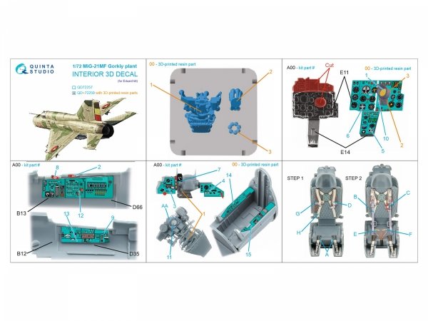 Quinta Studio QD+72259 MiG-21MF (Gorkiy plant) 3D-Printed &amp; coloured Interior on decal paper (Eduard) (with 3D-printed resin parts) 1/72