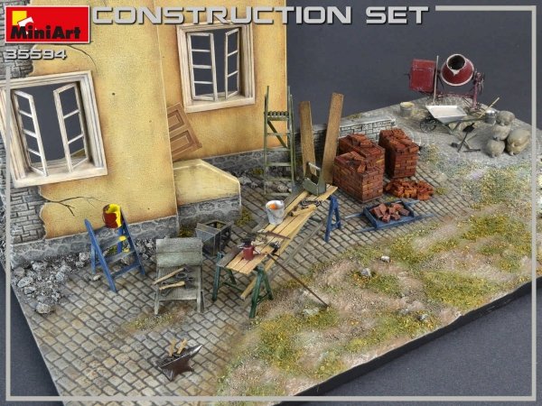 MiniArt 35594 Construction Set Kit: Ladders, Table, Buckets, Bricks, Cart, Anvil, Beams, Jack Stand &amp; Tools 1/35