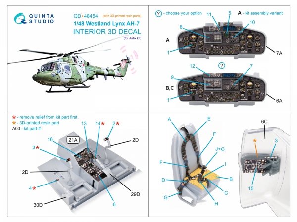 Quinta Studio QD+48454 Lynx AH-7 3D-Printed &amp; coloured Interior on decal paper (Airfix) (with 3D-printed resin parts) 1/48
