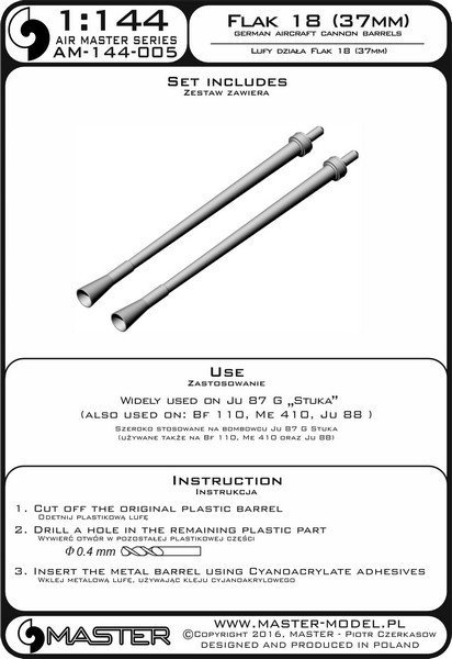 Master AM-144-005 German aircraft cannon 3,7cm Flak 18 gun barrels (used on Junkers Ju 87G and other) (2pcs) 1:144