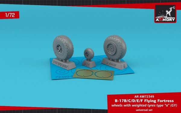 Armory Models AW72349 B-17B/C/D/E/F Flying Fortress wheels w/ weighted tyres type “a” (GY) &amp; PE hubcaps 1/72