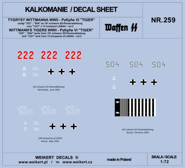 Weikert Decals DEC259 TYGRYSY WITTMANNA - czołg Pzkpfw VI TIGER - 101 schwere SS-Panzerabteilung - vol.2 1/72