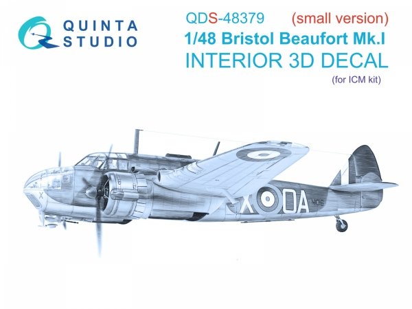 Quinta Studio QDS-48379 Bristol Beaufort Mk.I 3D-Printed &amp; coloured Interior on decal paper (ICM) (Small version) 1/48
