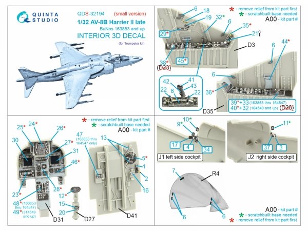 Quinta Studio QDS-32194 AV-8B Harrier II late 3D-Printed &amp; coloured Interior on decal paper (Trumpeter) (small version) 1/32