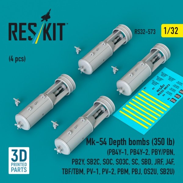 RESKIT RS32-0573 Mk-54 Depth bombs (350 lb) (4 pcs) (PB4Y-1, PB4Y-2, PBY/PBN, PB2Y, SB2C, SOC, SO3C, SC, SBD, JRF, J4F, TBF/TBM, PV-1, PV-2, PBM, PBJ, OS2U, SB2U) (3D Printed) (1/32)