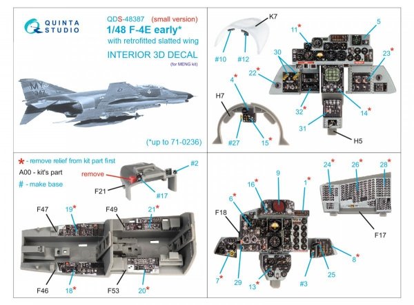 Quinta Studio QDS-48387 F-4E early with slatted wing 3D-Printed &amp; coloured Interior on decal paper (Meng) (Small version) 1/48
