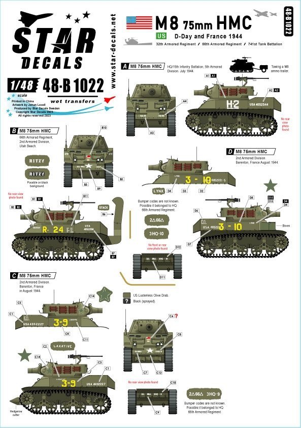 Star Decals 48-B1022 US M8 HMC - 75mm Howitzer. D-Day and France in 1944. 1/48