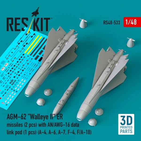 RESKIT RS48-0533 AGM-62 "Walleye II" ER missiles (2 pcs) with AN/AWG-16 data link pod (1 pcs) (A-4, A-6, A-7, F-4, F/A-18) (3D Printed) (1/48)