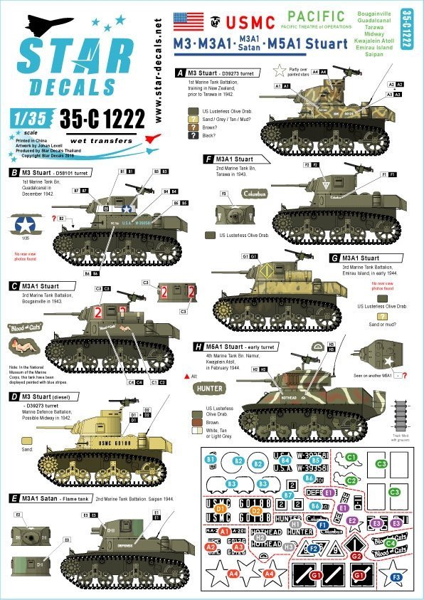 Star Decals 35-C1222 M3, M3A1, M3A1 Satan and M5A1 Stuart. US Marine Corps 1/35