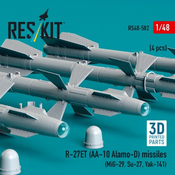 RESKIT RS48-0582 R-27ET (AA-10 Alamo-D) missiles (4 pcs) (MiG-29, Su-27, Yak-141) (3D Printed) (1/48)