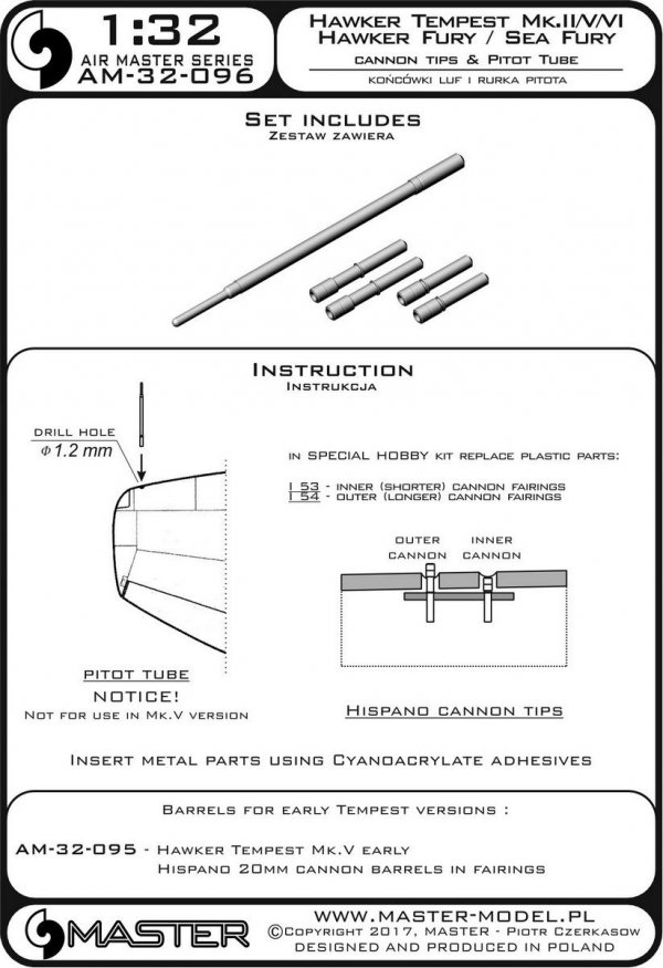 Master AM-32-096 Hawker Tempest Mk.II/V/VI i Hawker Fury/Sea Fury - końcówki luf Hispano Mk.V i Rurka Pitota (1:32)