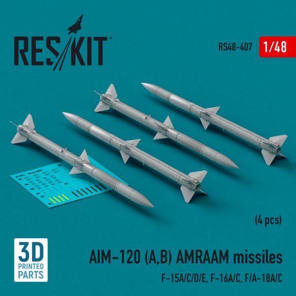 RESKIT RS48-0407 AIM-120 (A,B) AMRAAM missiles (4 pcs) (3d Printed) 1/48