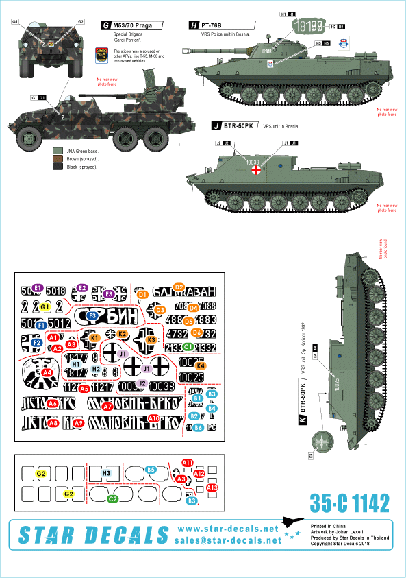 Star Decals 35-C1142 Serbian (SVK and VRS) M18 Hellcat, M36B2 Jackson, M84, PT-76B, BTR-50PK, M53/59 Praga SPAAG 1/35