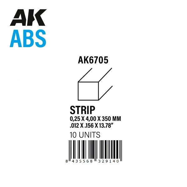 AK Interactive AK6705 STRIPS 0.25 X 4.00 X 350MM – ABS STRIP – 10 UNITS PER BAG